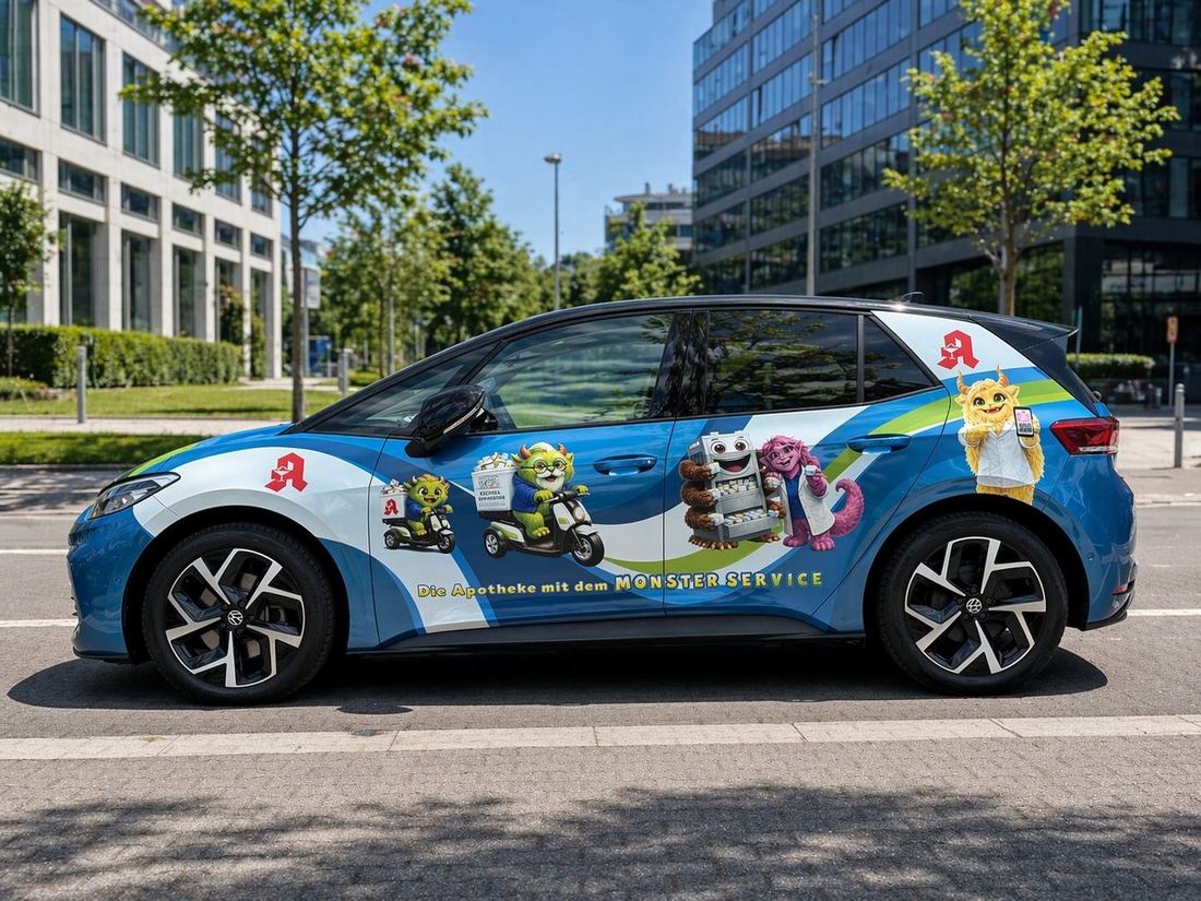 Auffällig folierter Apotheken-Service-Wagen als Beispiel für Markenpräsenz